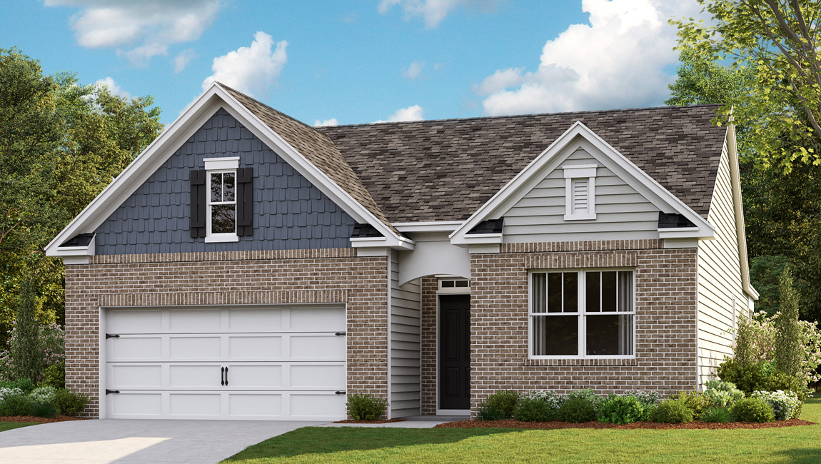 Exterior elevation of the aria floorplan, a single story home with a two car garage
