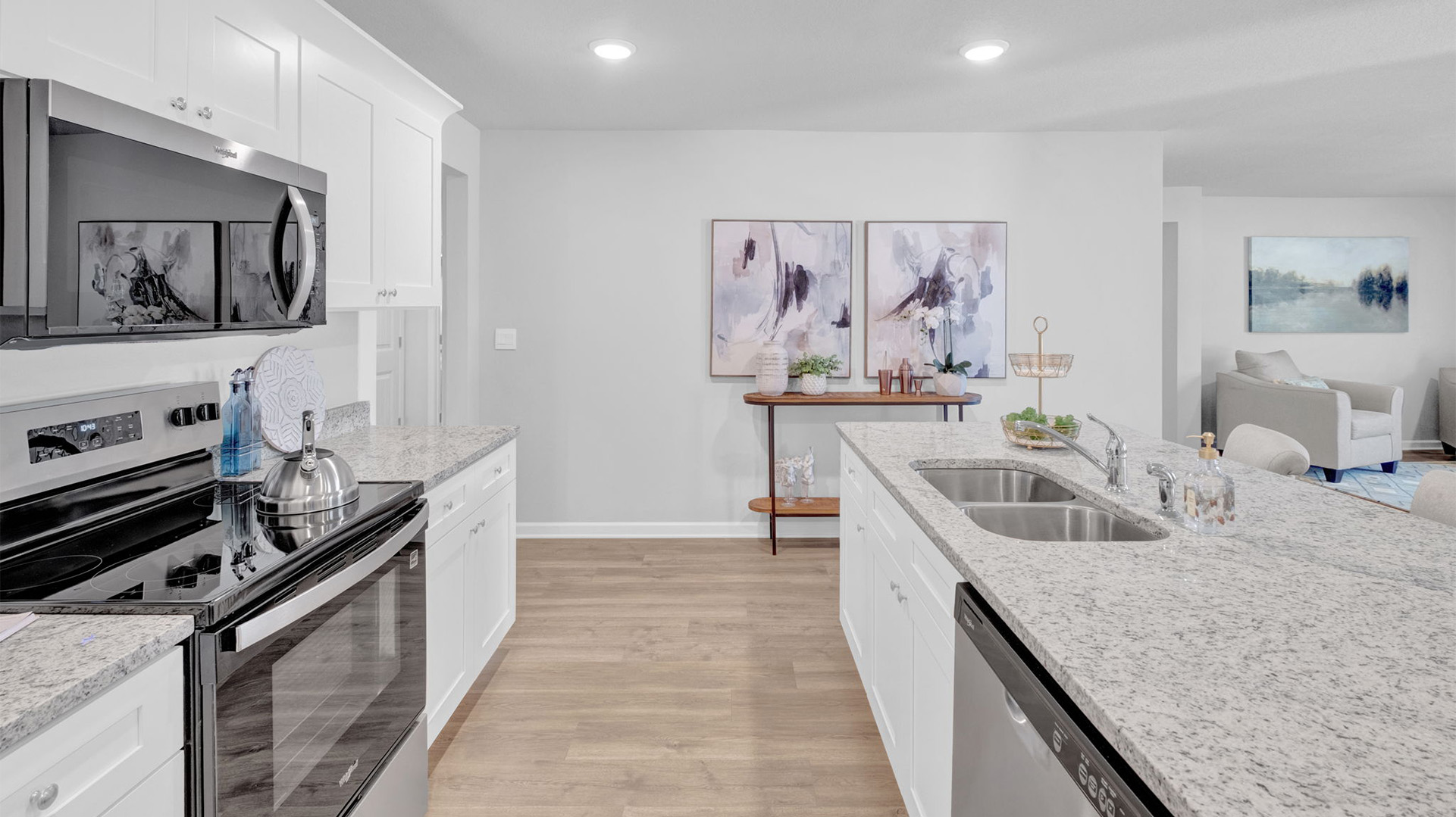 Double bowl sink featured on the kitchen island