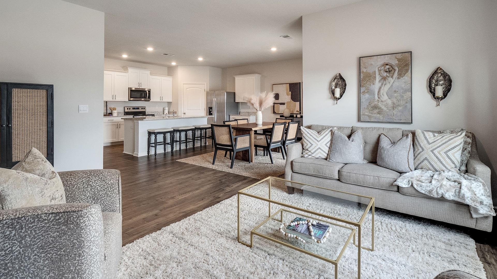 Living room open to the dining and kitchen area