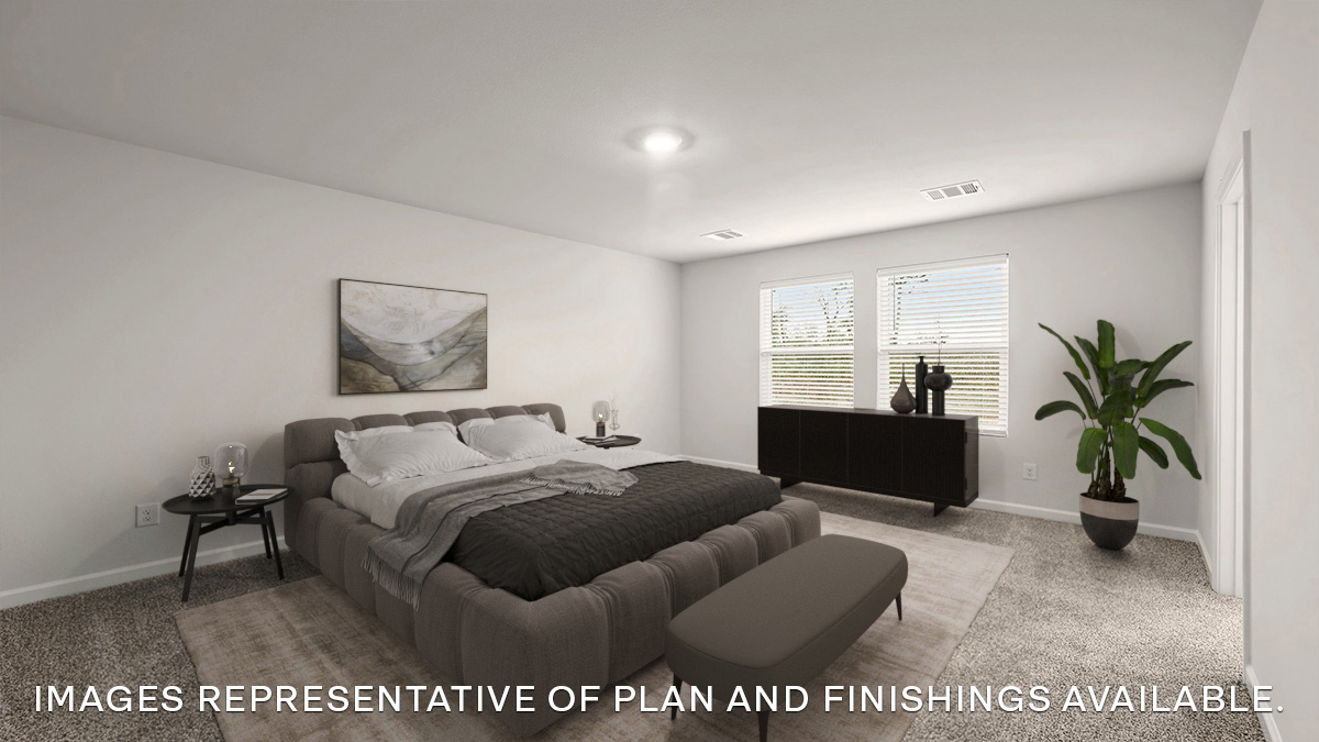 Primary bedroom virtually staged with double window for natural light