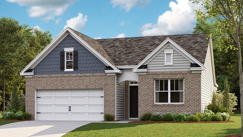Exterior elevation fo the Aria floorplan, a single story home with a two car garage