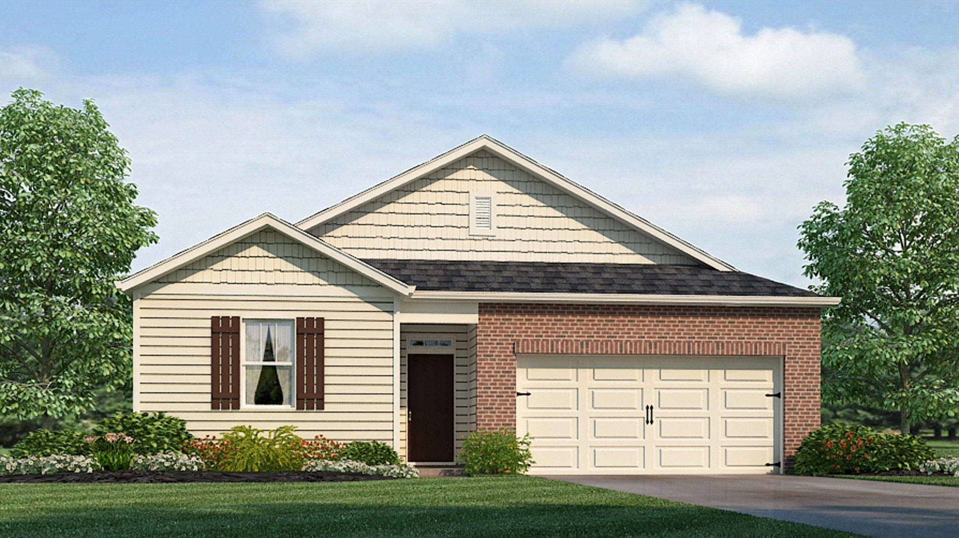 Exterior elevation of our Kerry H floorplan, with brick around the garage