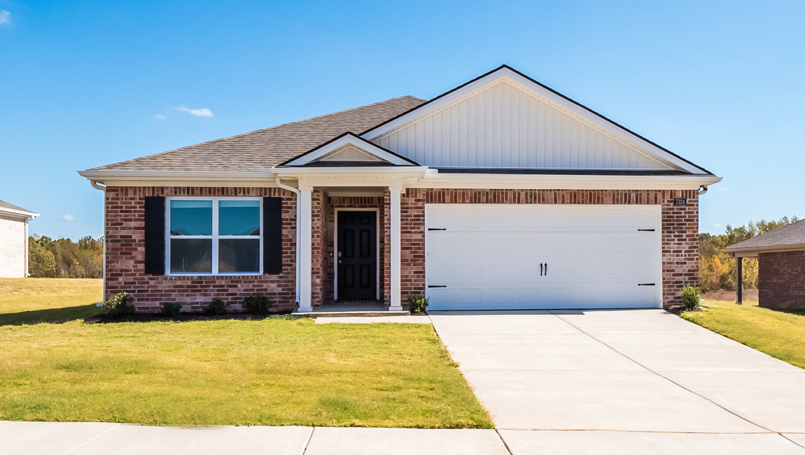 Exterior elevation of the Aria floorplan, a single story home with a two car garage