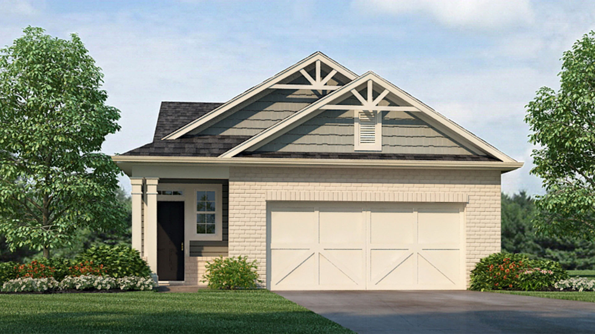 Exterior elevation of the Bowen floorplan, a single story home wiith a two car garage
