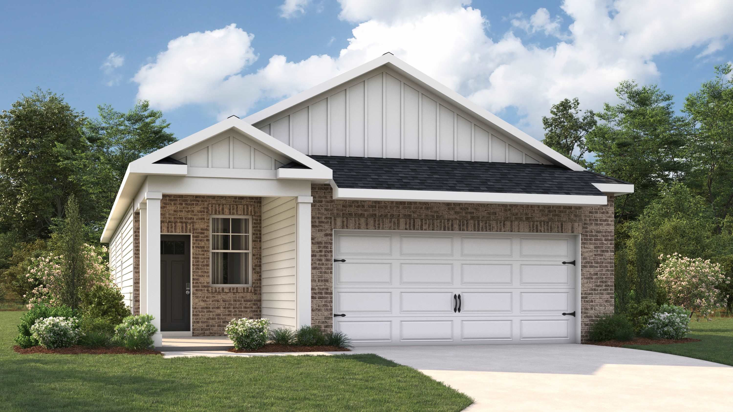 Exterior elevation of the bowen floorplan, a single story home with a two car garage
