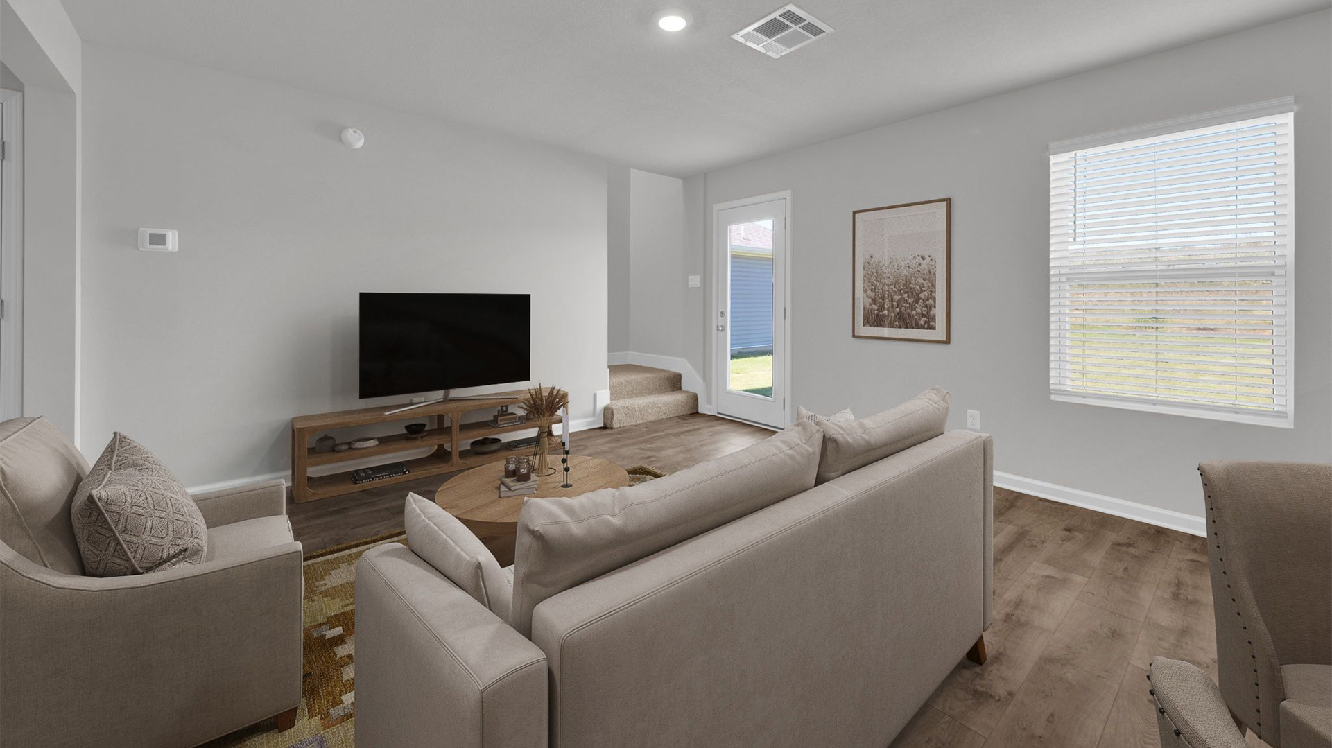 Virtually staged living room with optimal space
