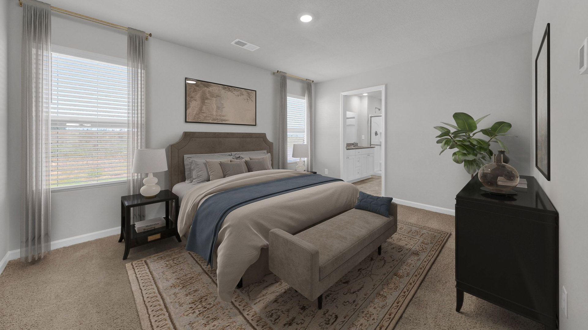 Virtually staged primary bedroom fitting a king size bed