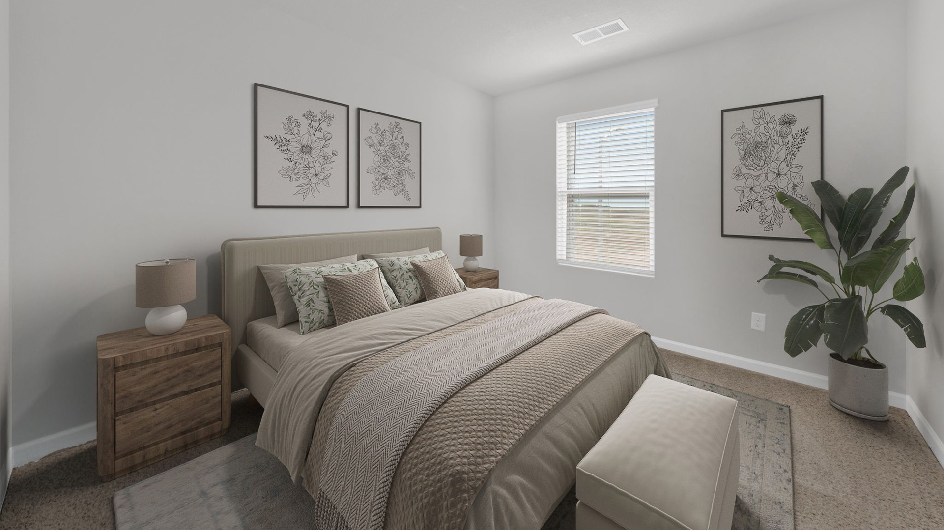 Second bedroom virtually staged with a full size bed
