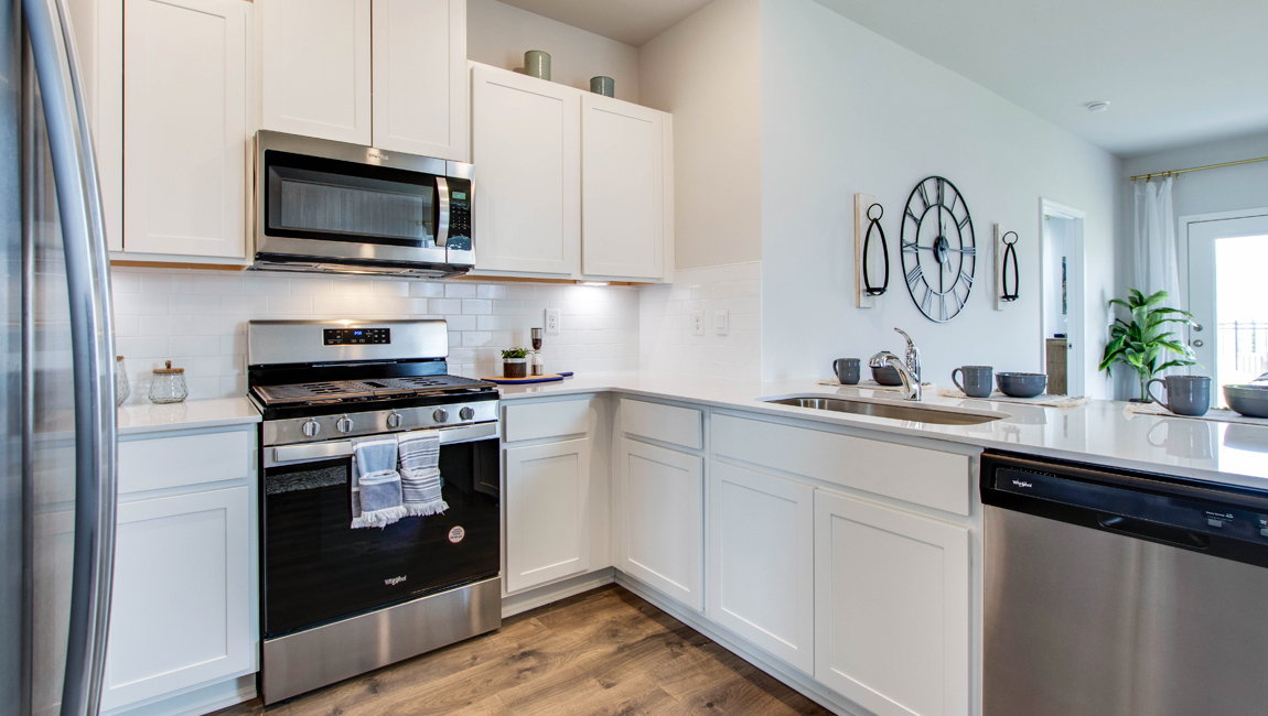 Kitchen area with granite countertops