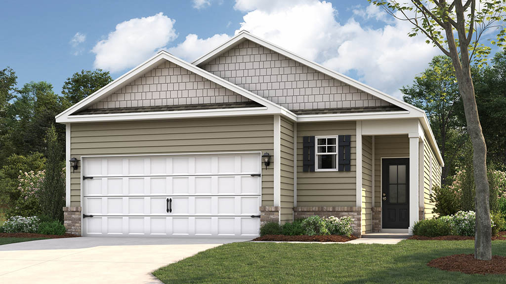 Exterior elevation of the Allex B2 floorplan, a single story home with a two car garage