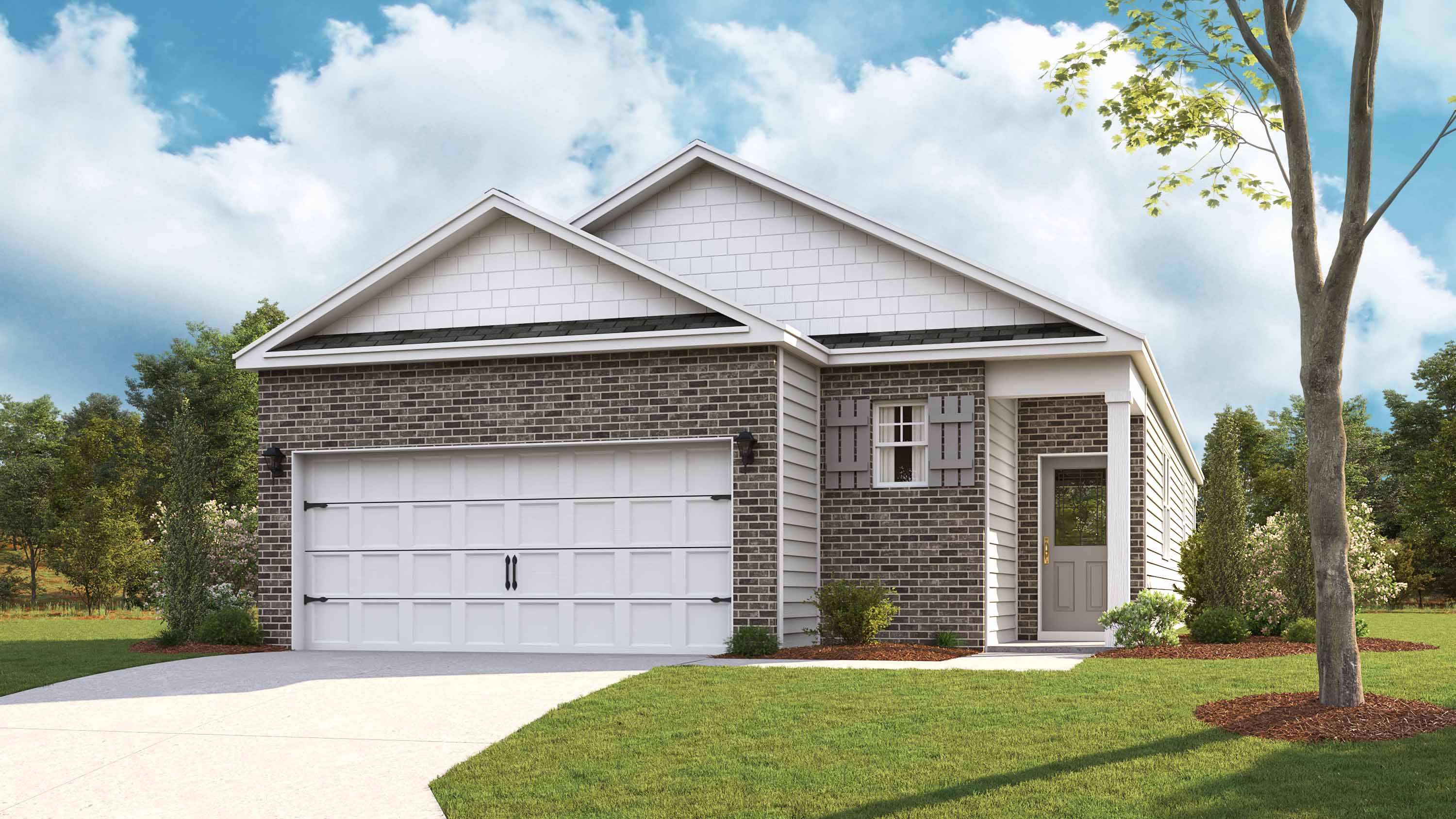 Exterior elevation of the Allex F floorplan, a single story home with a two car garage