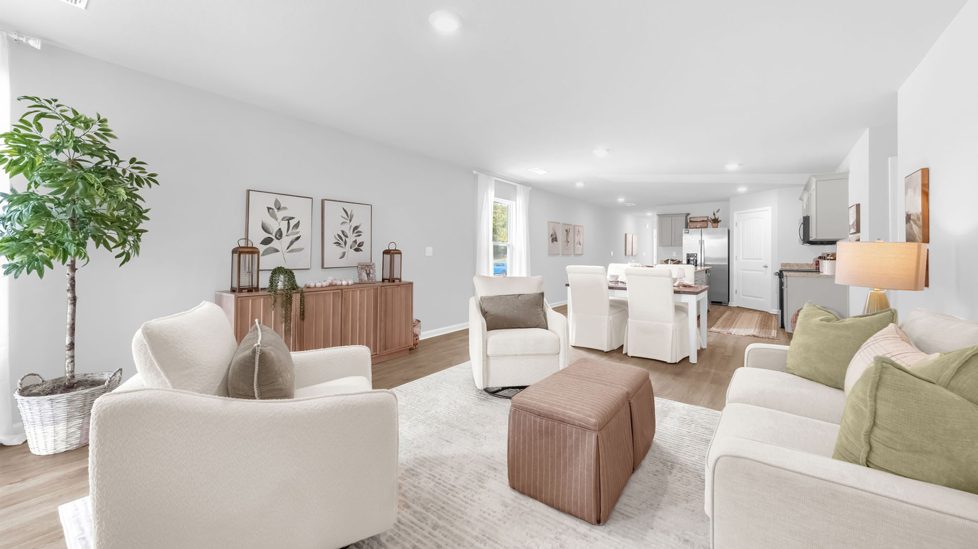 Living area overlooking the dining and kitchen area