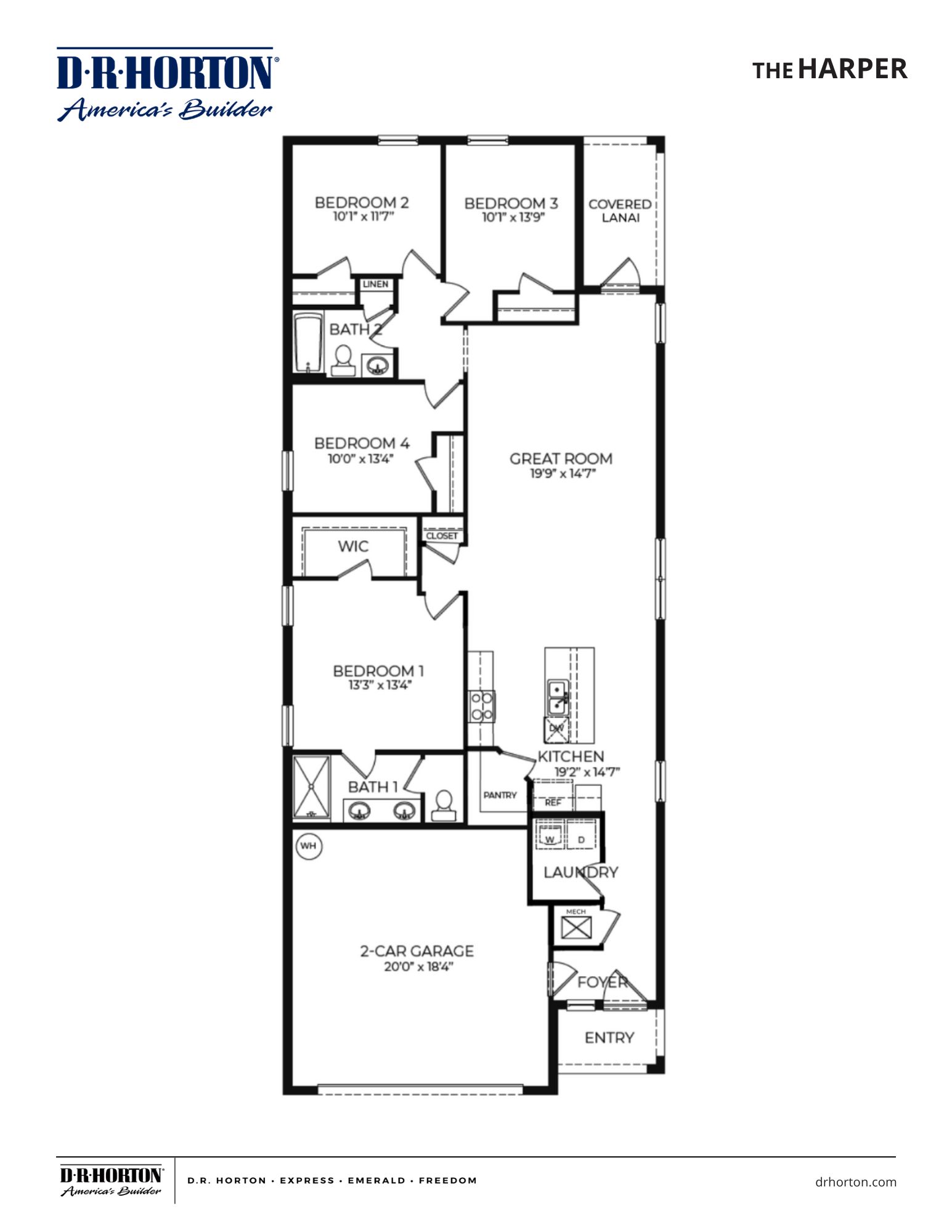 The harper floorplan, a three bedroom 2 bath single level home