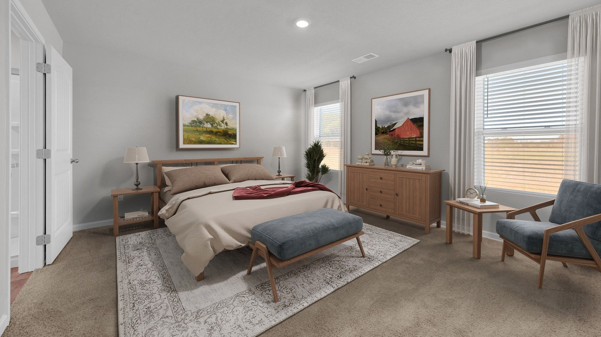 Primary bedroom virtually staged with a king size bed