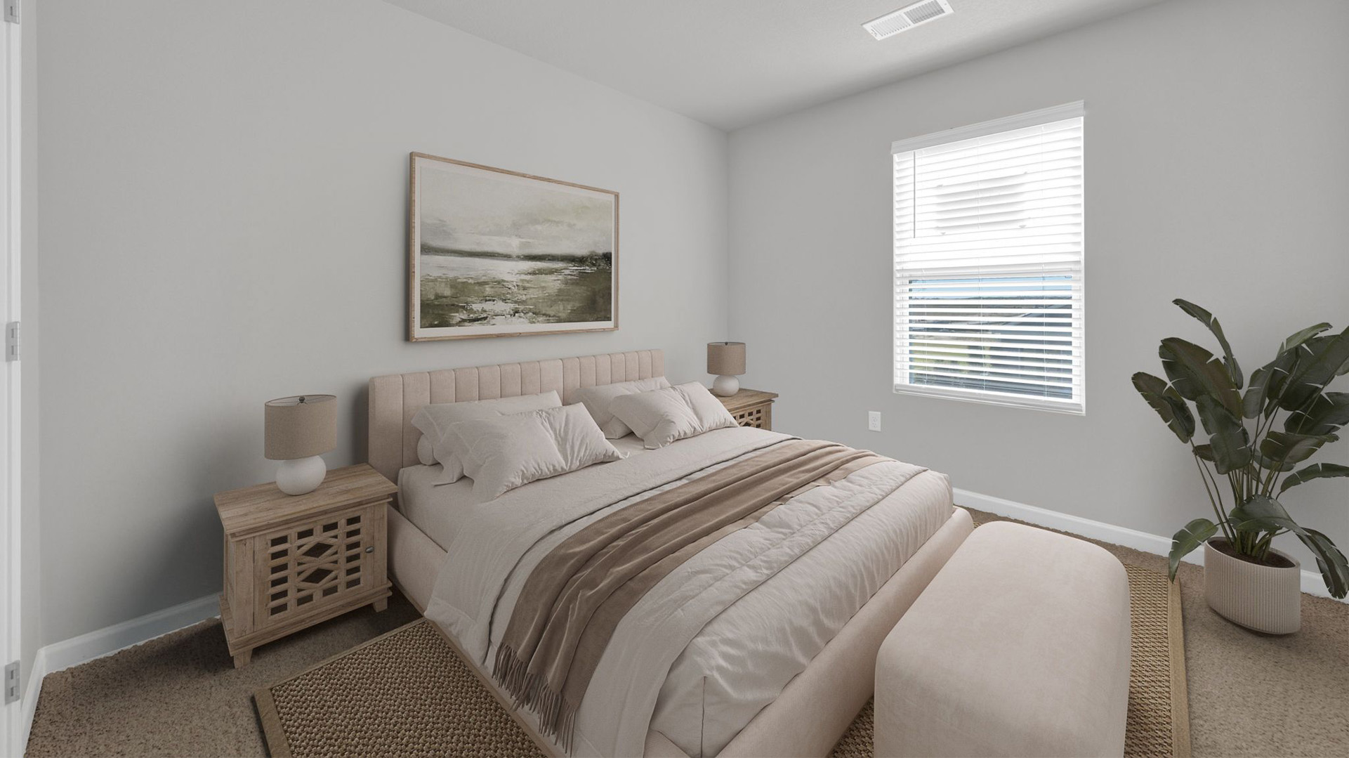 Second bedroom virtually staged with a full size bed