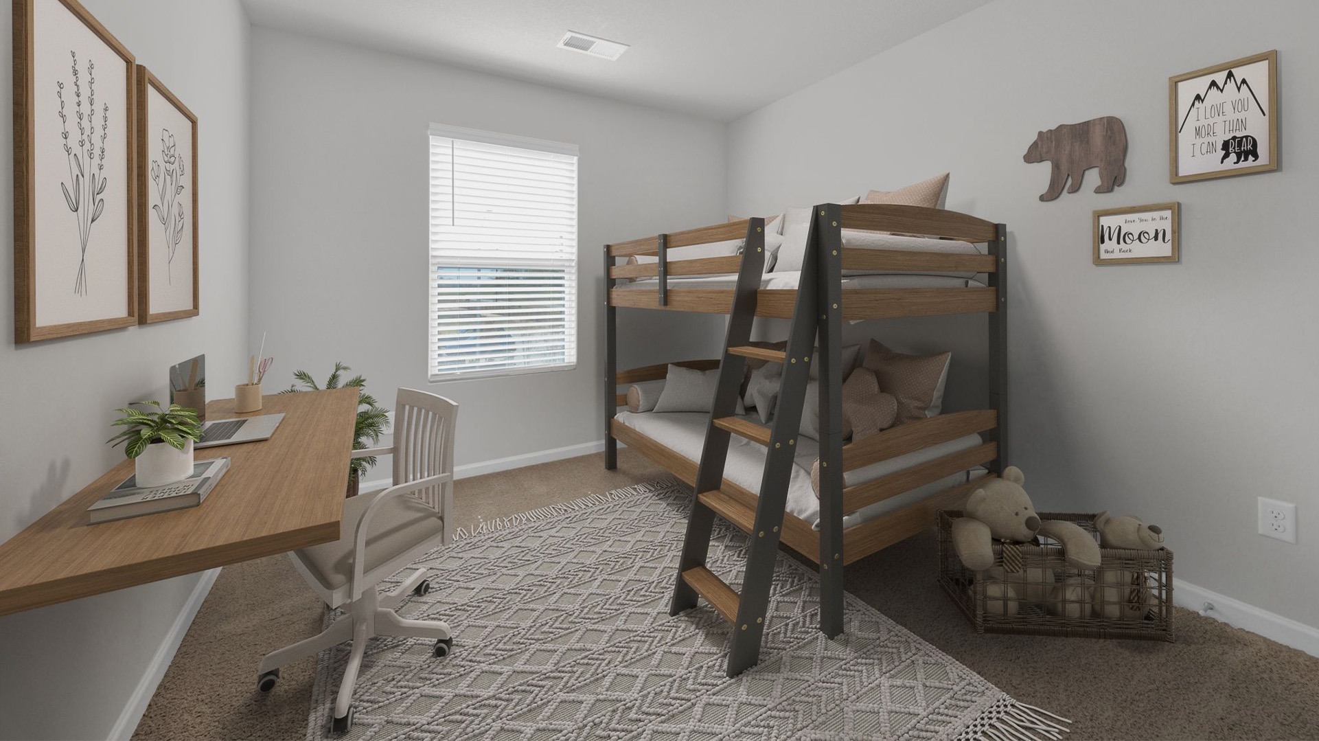 Third bedroom virtually staged with bunk beds and a floating desk