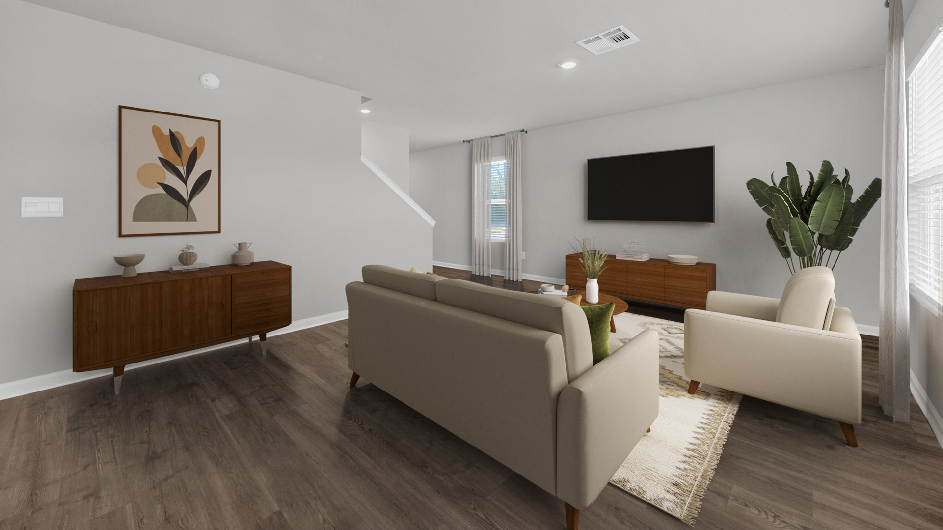 Virtually staged living room with the side wall leading into the stairway