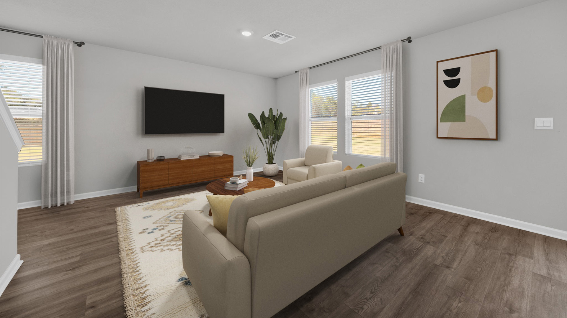 Virtually staged living room with a large double window for natural light