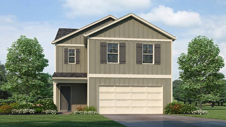 Exterior elevation of the Taylor floorplan a two story home with a two car garage