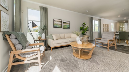 Living room with vinyl flooring and neutral walls