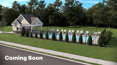Rendeing of a pool coming soon with a pool house