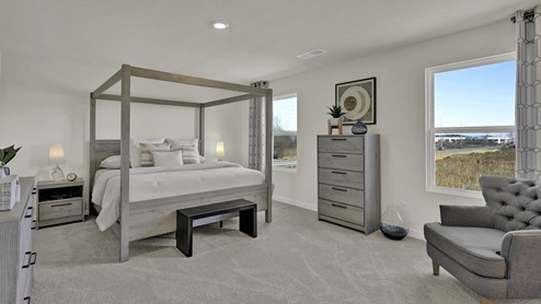 Primary bedroom with two windows and carpet