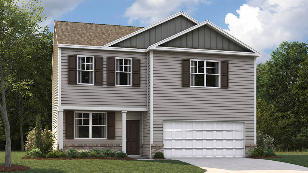 Rendering of two story house with two car garage