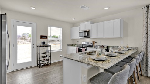 Kitchen with countertop seating and back door