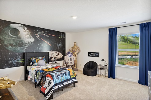 Kids bedroom decorated in a space theme