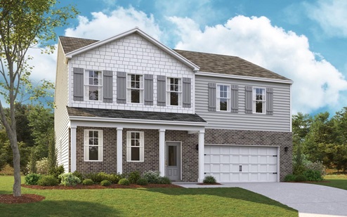 Rendering of a two-story home with brick and vinyl