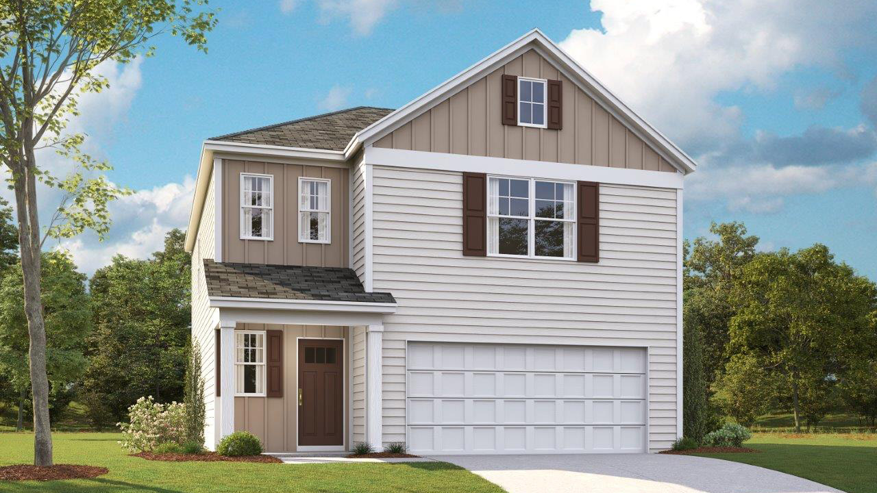rendering of two story home with two car garage