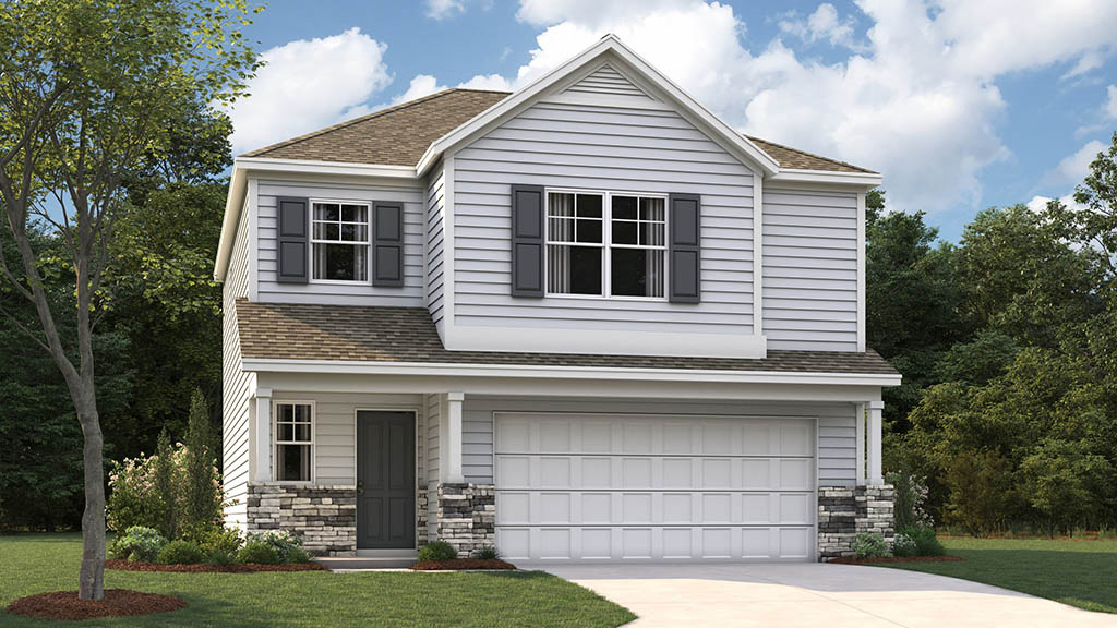 rendering of two story home with two car garage