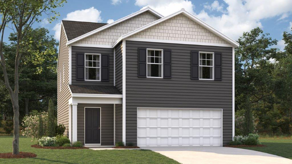 Rendering of two story home with two car garage