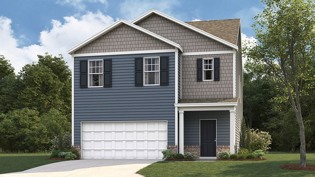 rendering of two story home with two car garage