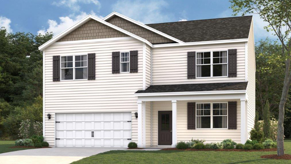 Rendering of two story home with full Hardie siding and two car garage
