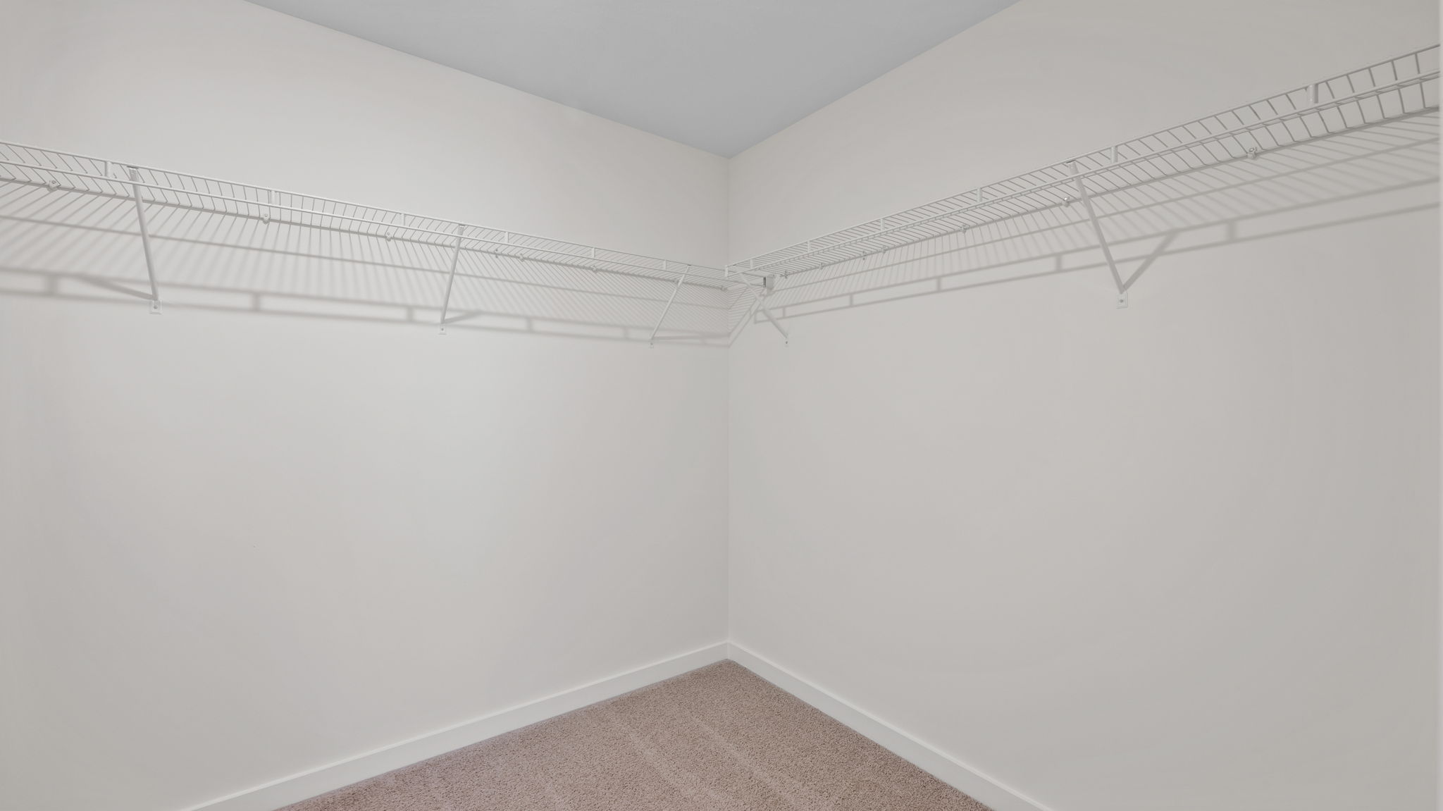 Primary closet off primary bathroom with shelving