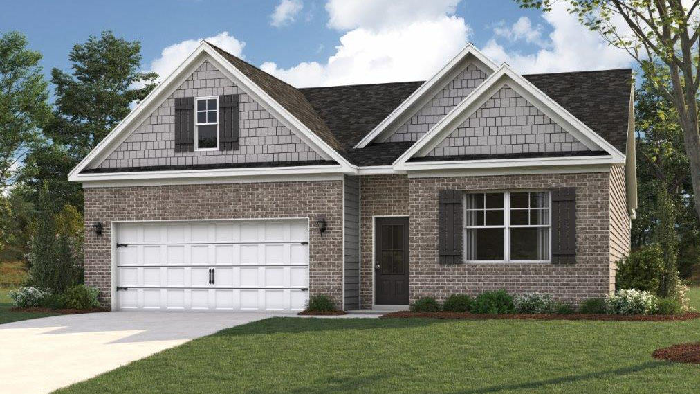Rendering of one story home with full brick and two car garge