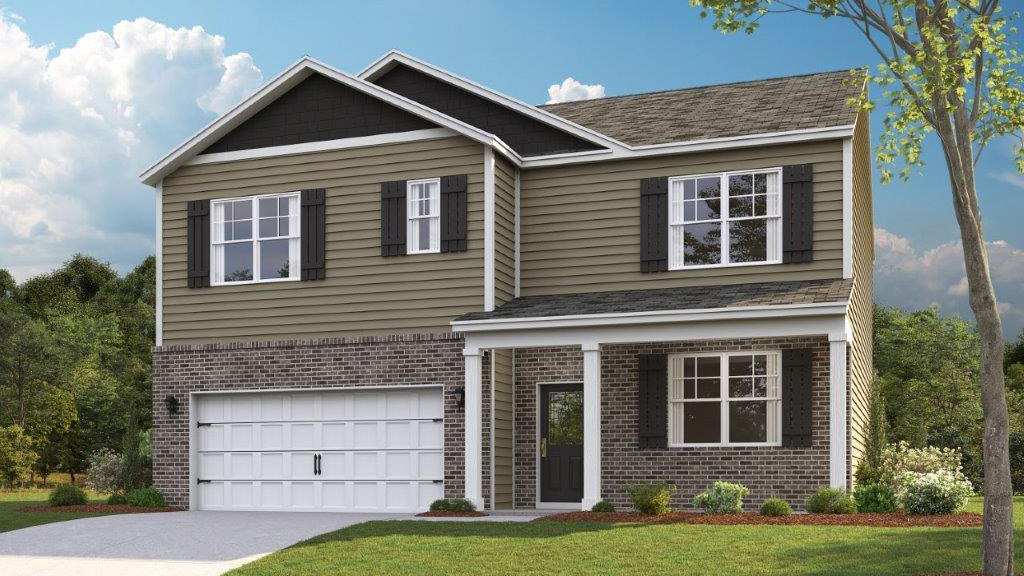 Rendering of two story home with two car garage