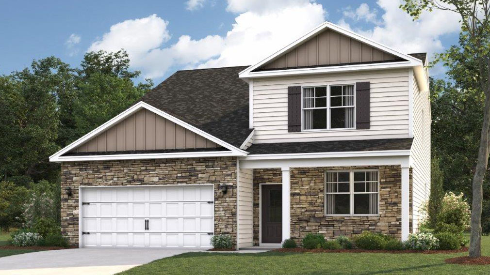 Rendering of two story home with stone and Hardie siding