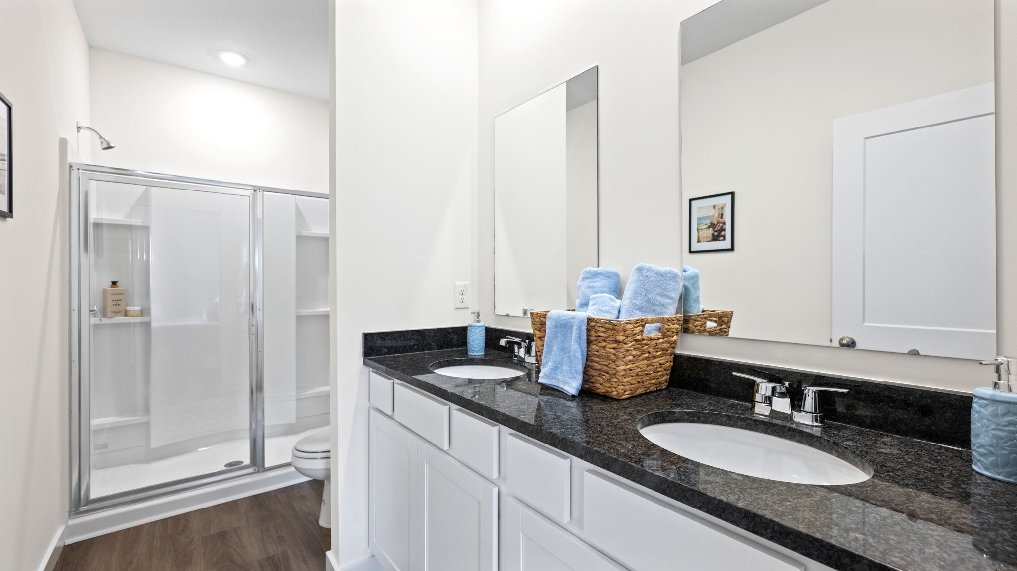 primary bedroom with double vanity and walk-in shower