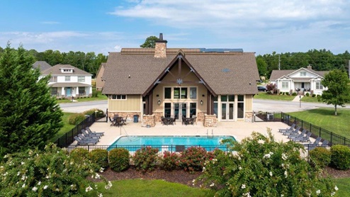 Aerial shot of community pool and club house