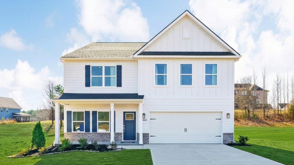 Front porch of two-story home with white collums