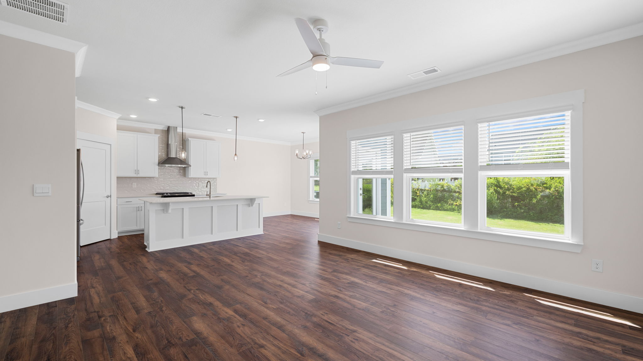 living room with three windows