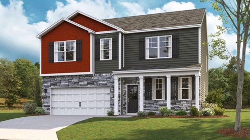 Rendering of two story home with stone and vinyl siding