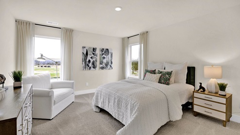 Bedroom with large windows and a closet