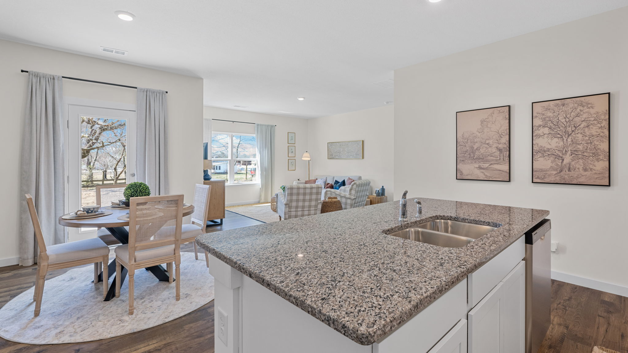 kitchen facing dining and living room