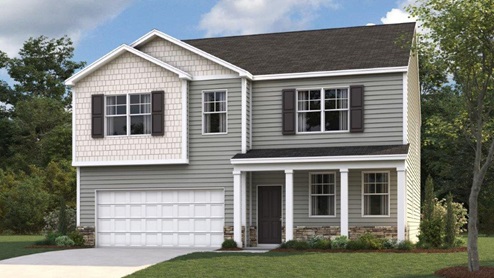 Two story home with two car garage and vinyl siding