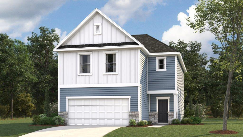 rendering of two story home with vinyl and two car garage