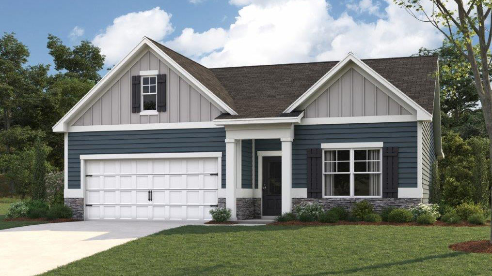 Exterior rendering of the Cali plan featuring a garage and driveway