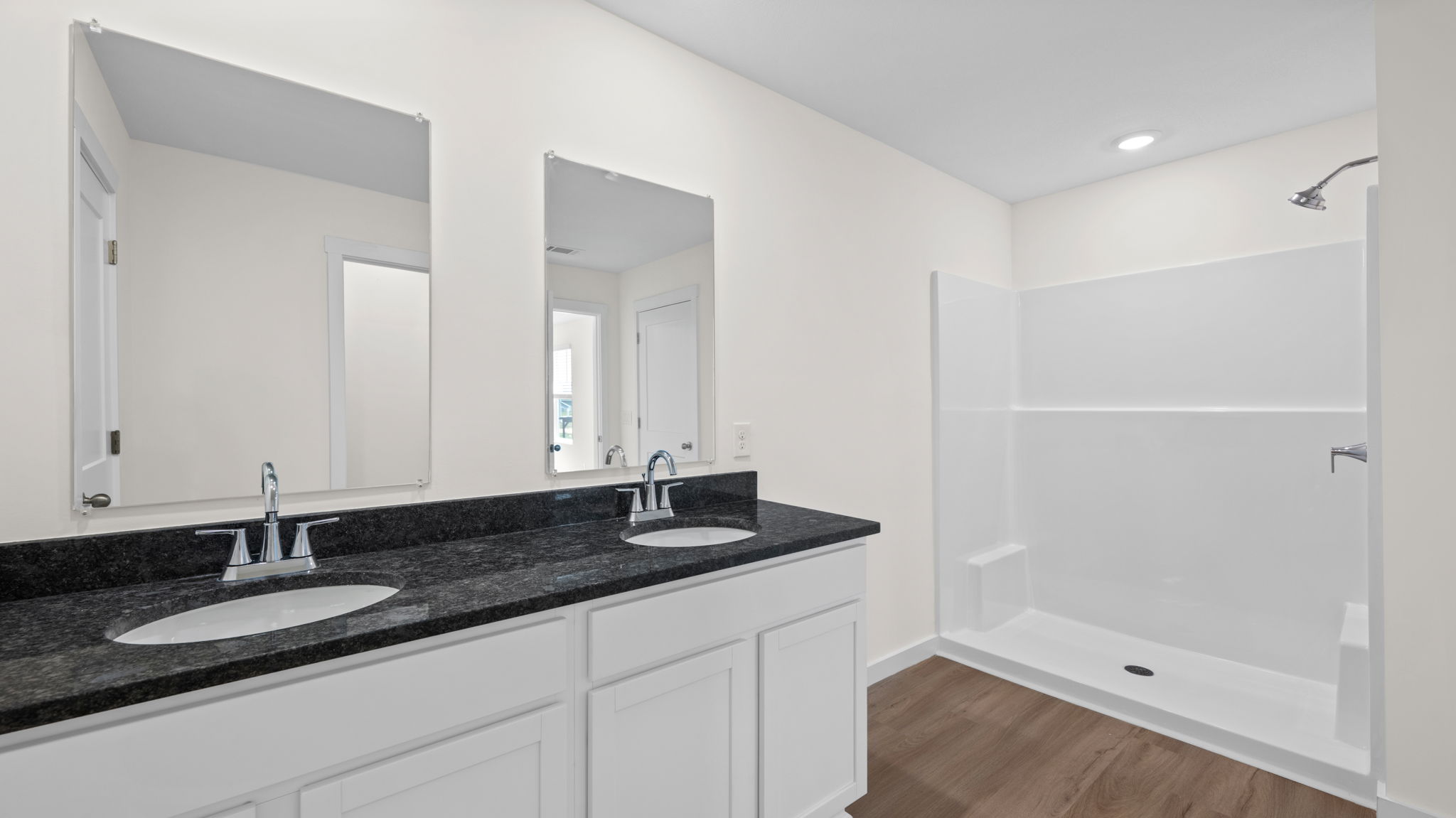 primary bathroom with double bowl sink and walk in shower